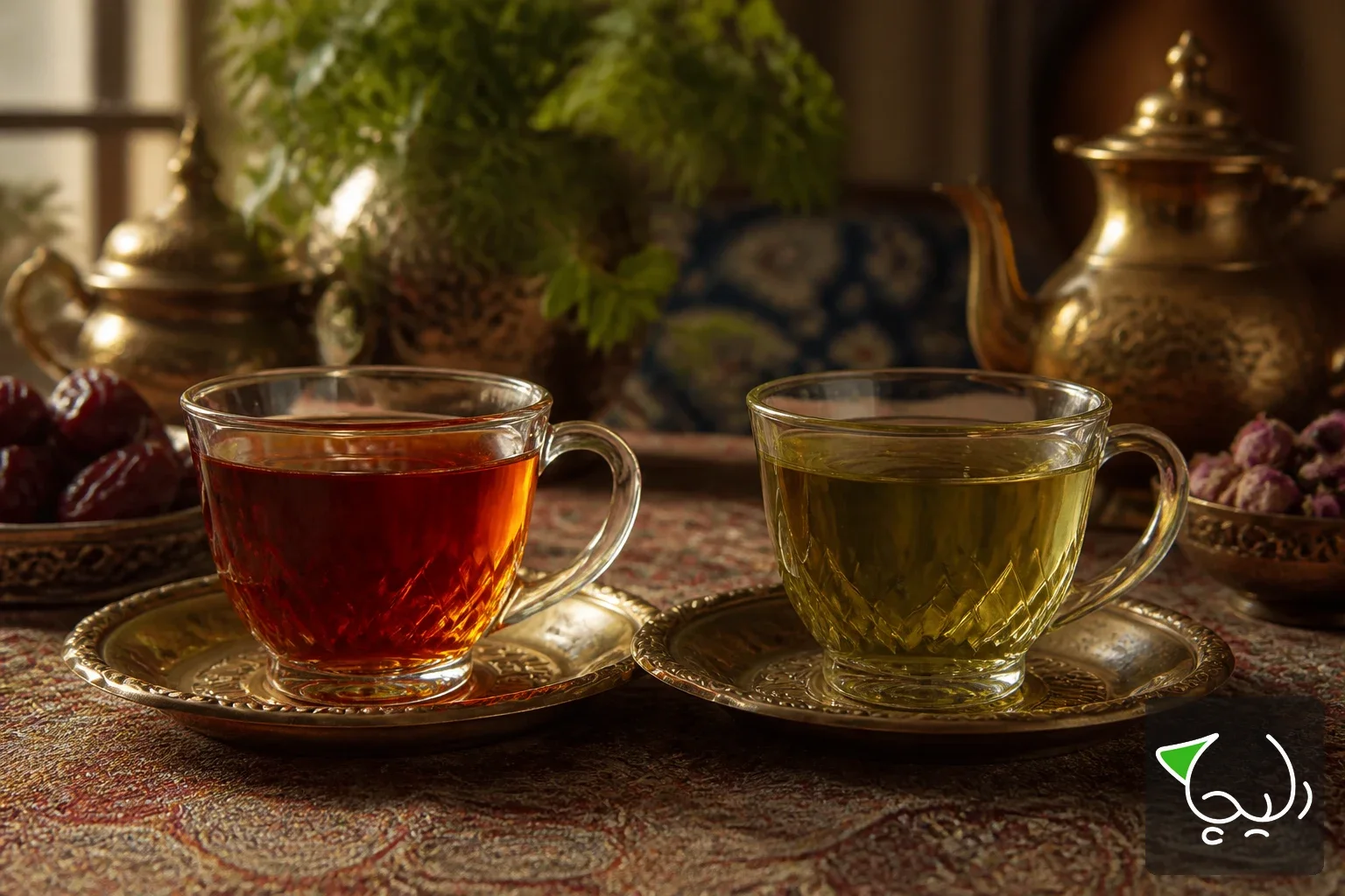 فنجان چای سیاه و چای سبز کنار هم