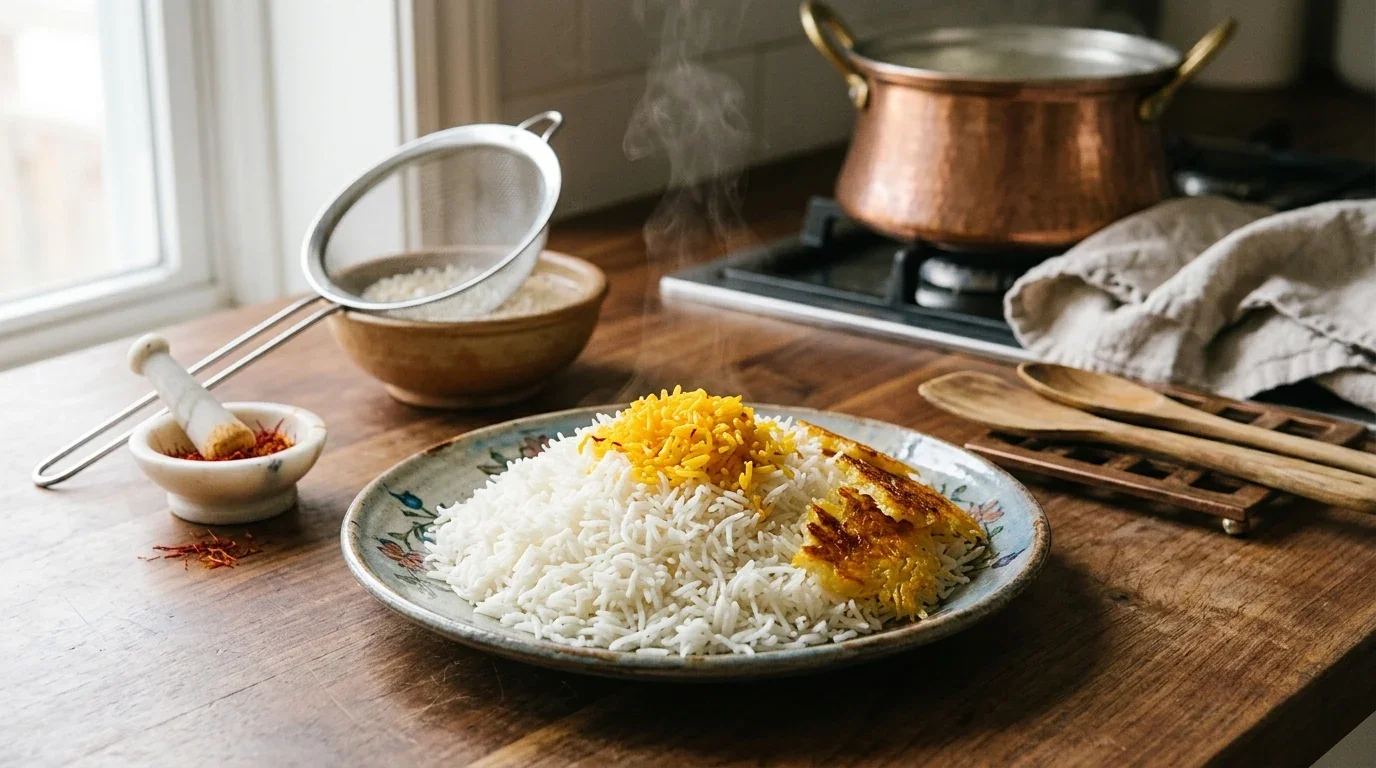 آموزش پخت برنج ایرانی — از خیساندن تا دم‌کنی (گام‌به‌گام)