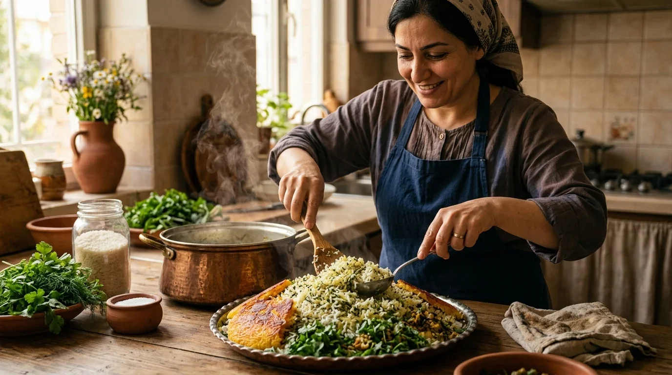 دستور سبزی‌پلو با برنج طارم — عطر و رنگ